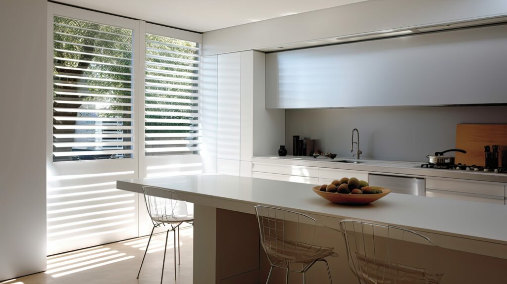 A kitchen with plantation shutters on the windows